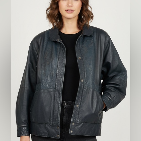 VINTAGE 80s Etched Navy Blue Leather Jacket - Picture 1 of 8